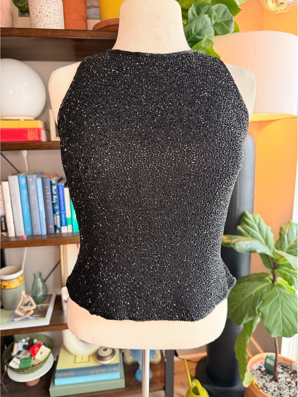 Vintage 100% Silk Sean Collection Black Beaded Sleeveless Top M